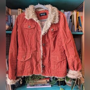 Vtg Boho Y2K Faux Fur Lined Cordoroy Jacket Orange